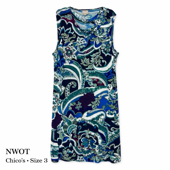 NWOT Chico’s Sleeveless Paisley Print Shift Dress Blue Green Stretch Size 3 - Picture 3 of 15